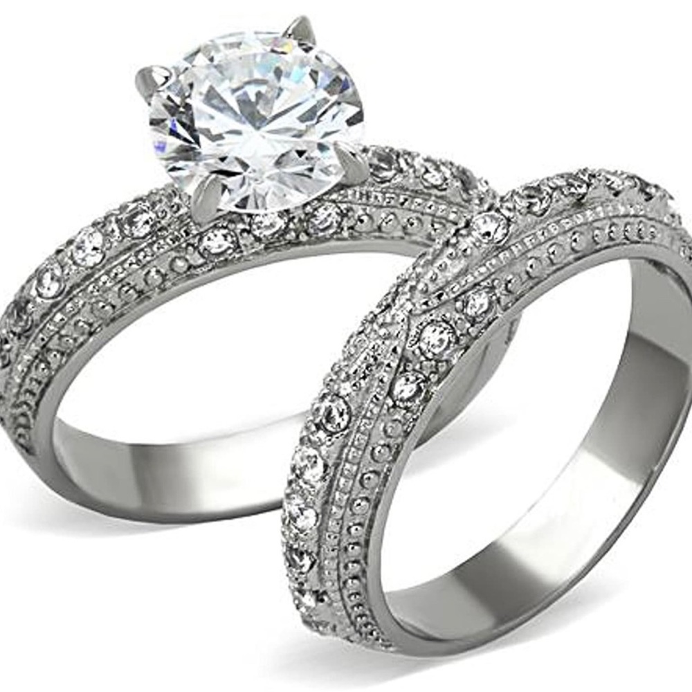 3.25Ct CZ Vintage Stainless Steel Wedding Ring Set